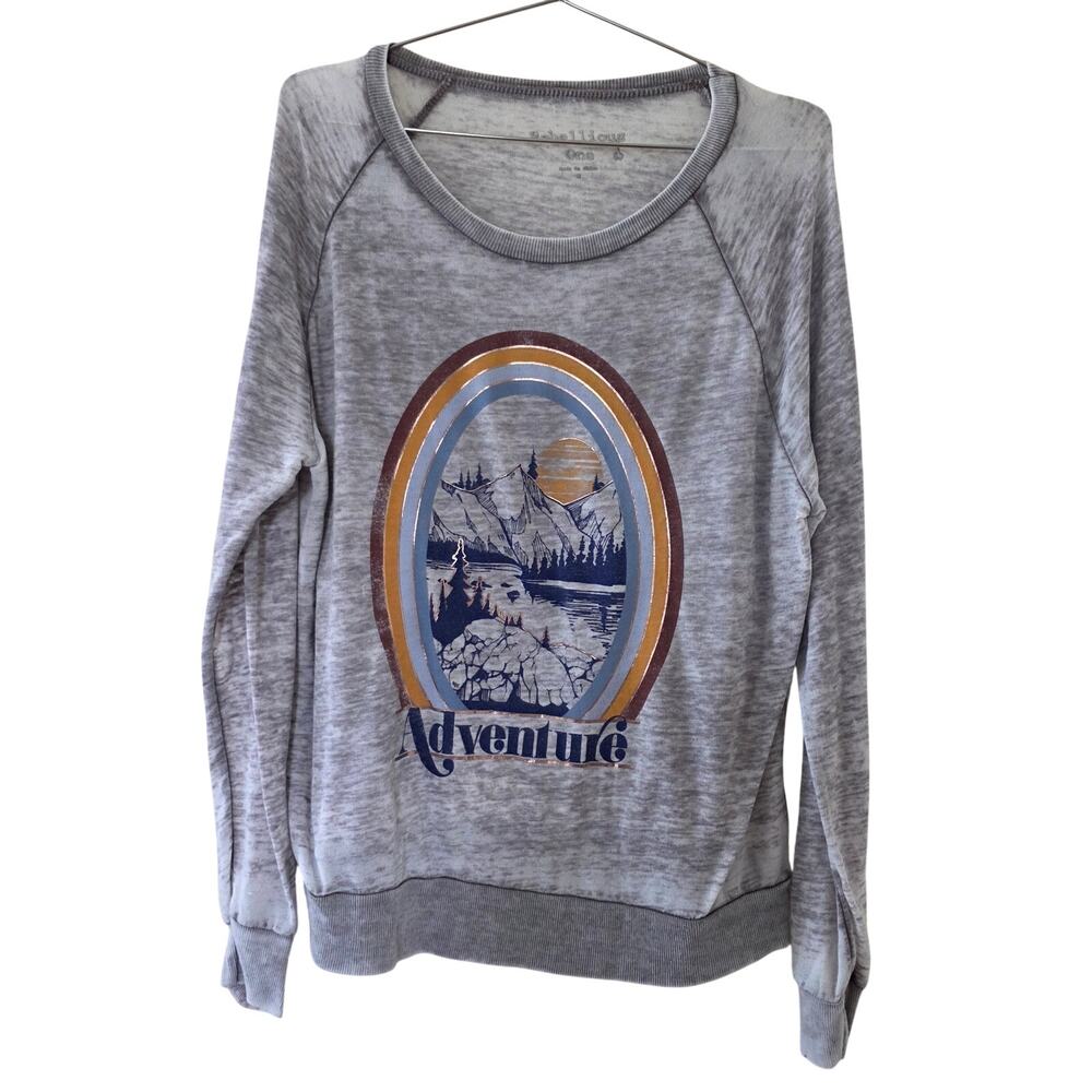 Rebellious One Adventure Mountain Graphic Burnout Sweatshirt Gray Womens Size M